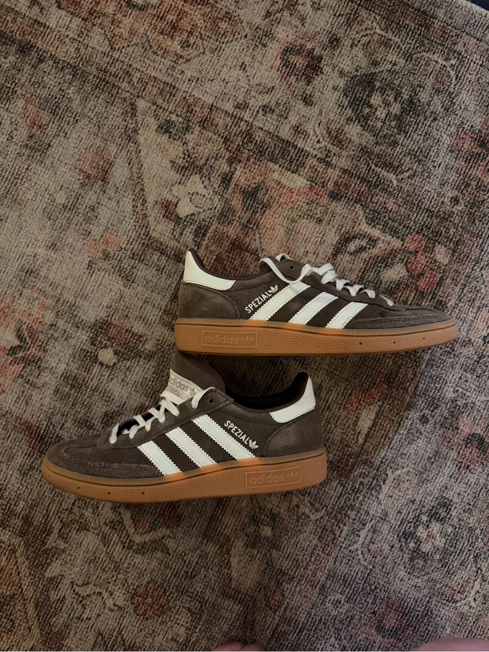adidas Spezial Brown Suede Sneakers with White Stripes and Gum Sole